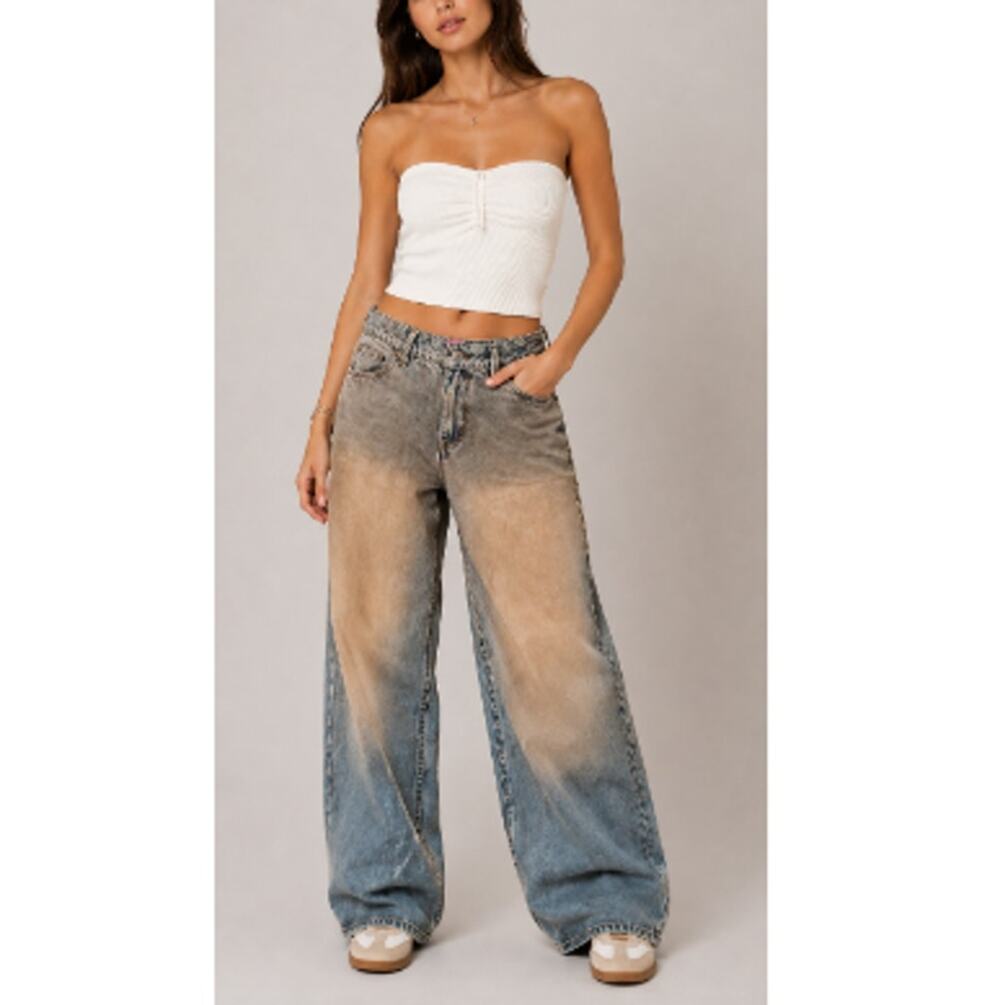 New EDIKTED Women's Blue Ombre Fade Wide Leg High Rise Jeans Size S